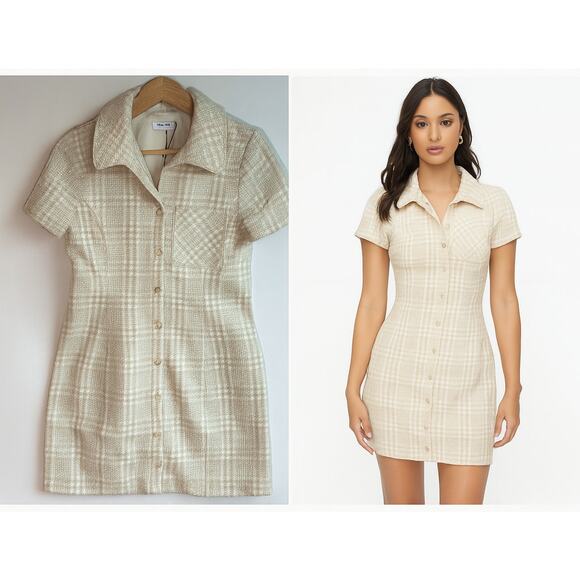 Rumored Notting Hill Mini Dress Beige Glen Plaid Tweed Size 4 NWT Old Money Prep - Picture 1 of 13